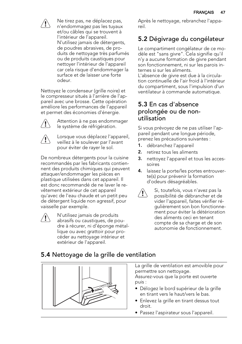 2 dégivrage du congélateur, 4 nettoyage de la grille de ventilation | AEG A92708GNW0 User Manual | Page 47 / 76