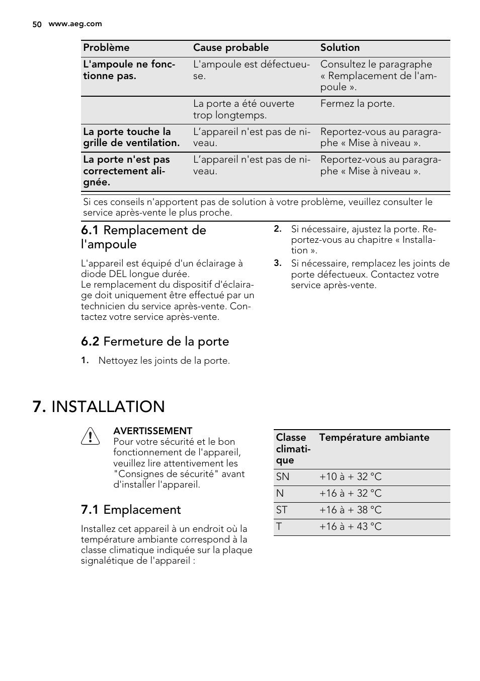 Installation, 1 remplacement de l'ampoule, 2 fermeture de la porte | 1 emplacement | AEG A92708GNW0 User Manual | Page 50 / 76