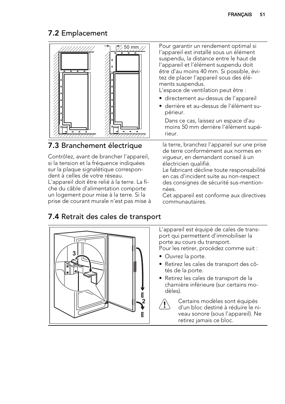 2 emplacement, 3 branchement électrique, 4 retrait des cales de transport | AEG A92708GNW0 User Manual | Page 51 / 76