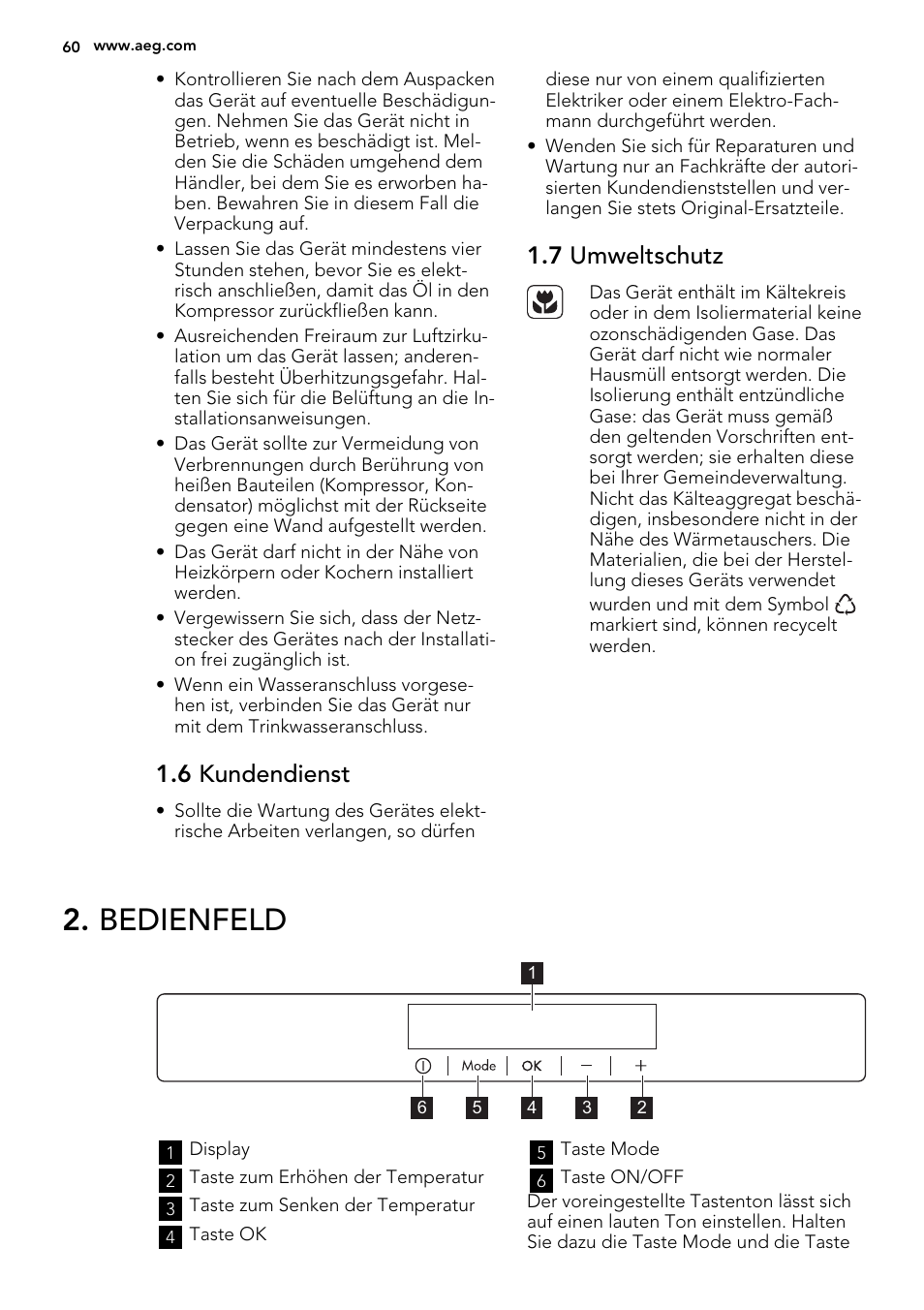 Bedienfeld, 6 kundendienst, 7 umweltschutz | AEG A92708GNW0 User Manual | Page 60 / 76