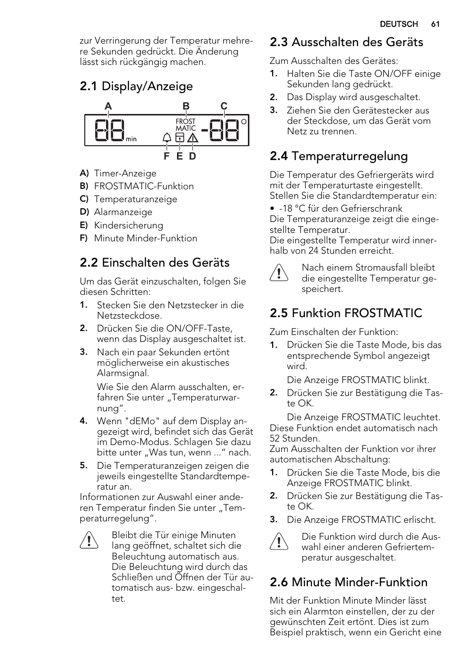 1 display/anzeige, 2 einschalten des geräts, 3 ausschalten des geräts | 4 temperaturregelung, 5 funktion frostmatic, 6 minute minder-funktion | AEG A92708GNW0 User Manual | Page 61 / 76