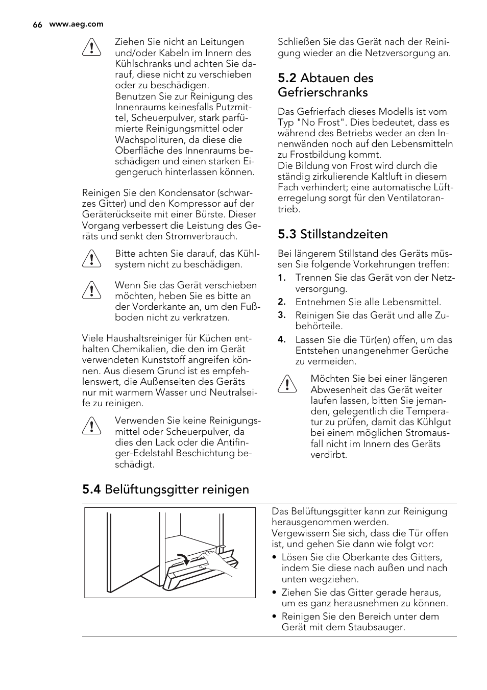 2 abtauen des gefrierschranks, 3 stillstandzeiten, 4 belüftungsgitter reinigen | AEG A92708GNW0 User Manual | Page 66 / 76