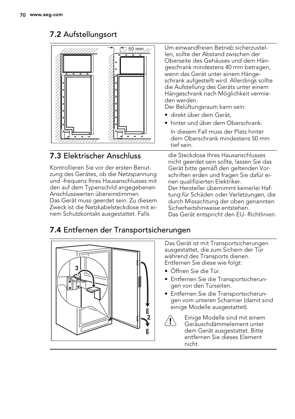 2 aufstellungsort, 3 elektrischer anschluss, 4 entfernen der transportsicherungen | AEG A92708GNW0 User Manual | Page 70 / 76