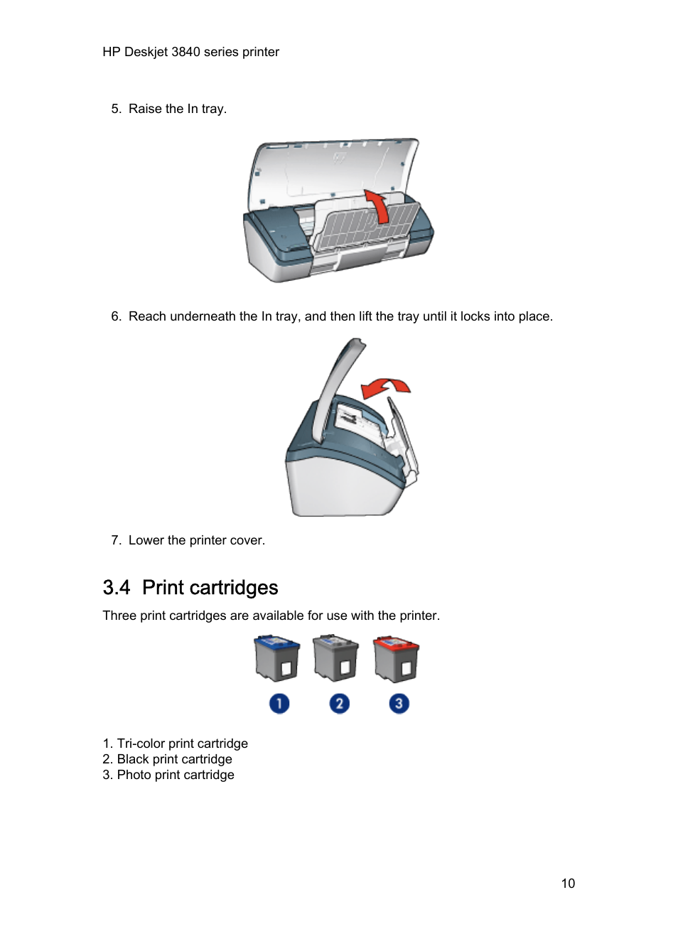 4 print cartridges, Tri-color, Print cartridges | Installed | HP Deskjet 3848 Color Inkjet Printer User Manual | Page 10 / 96