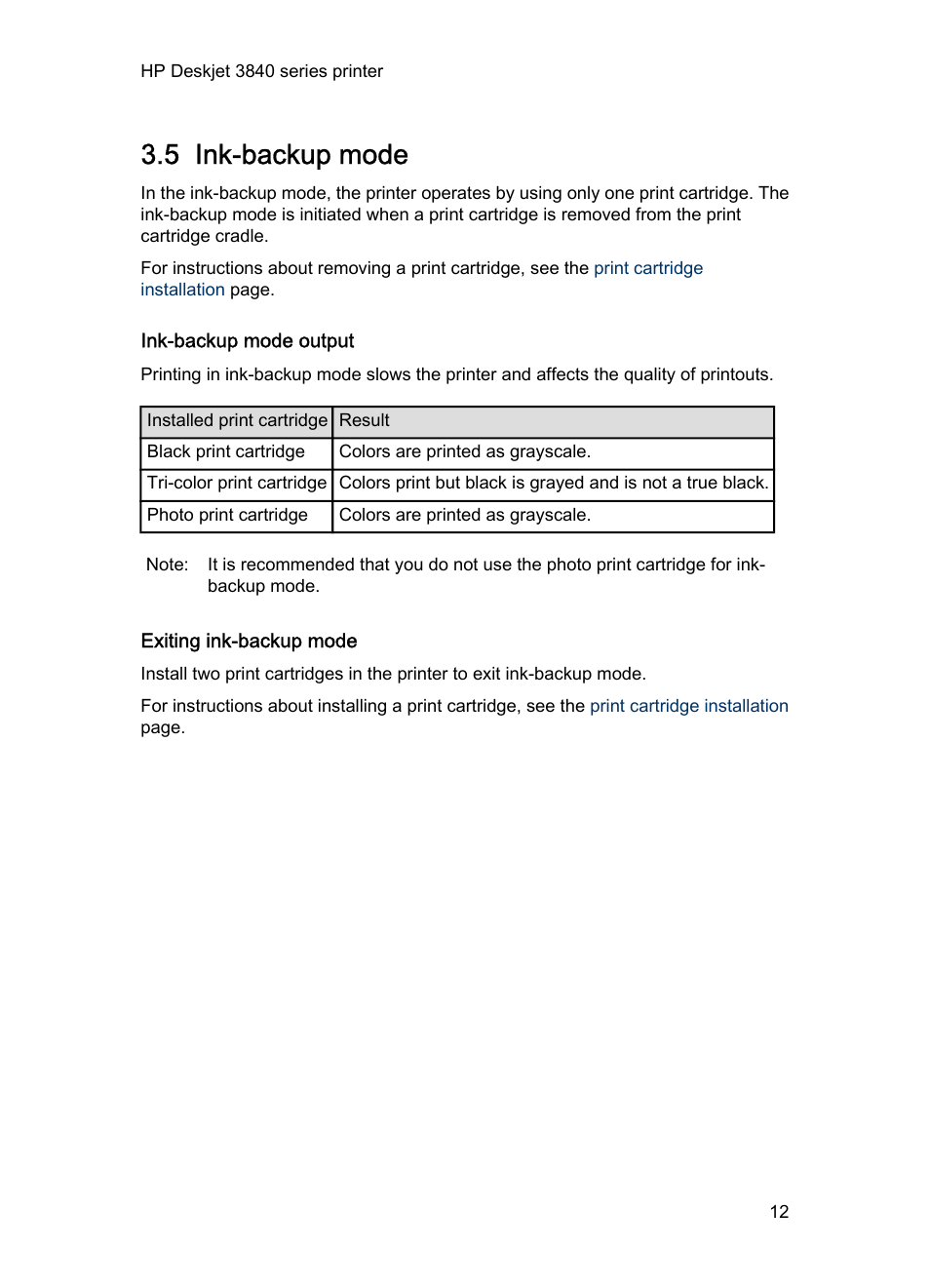 5 ink-backup mode, Ink-backup mode output, Exiting ink-backup mode | Ink-backup mode | HP Deskjet 3848 Color Inkjet Printer User Manual | Page 12 / 96