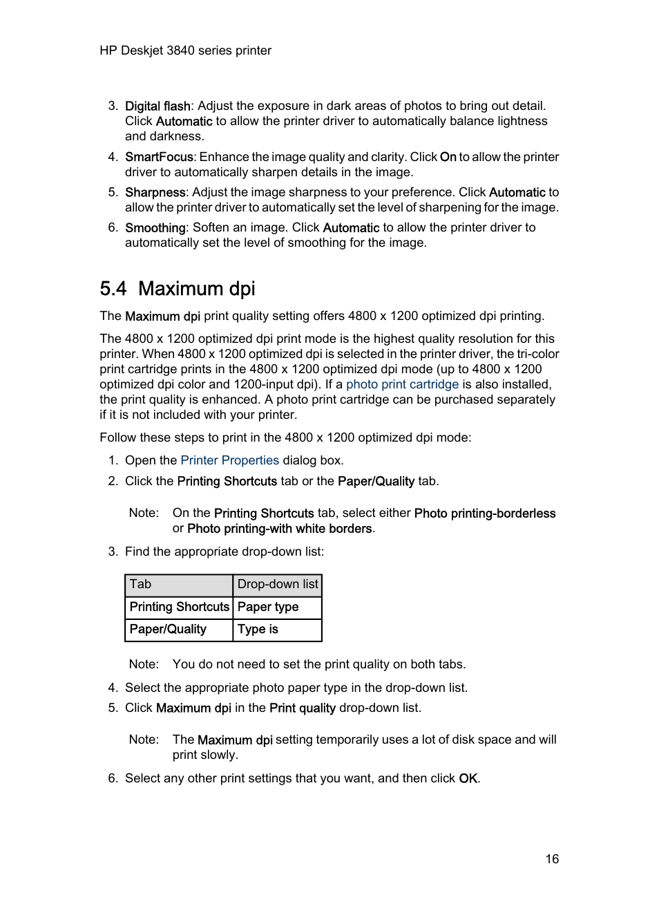 4 maximum dpi, Maximum dpi | HP Deskjet 3848 Color Inkjet Printer User Manual | Page 16 / 96