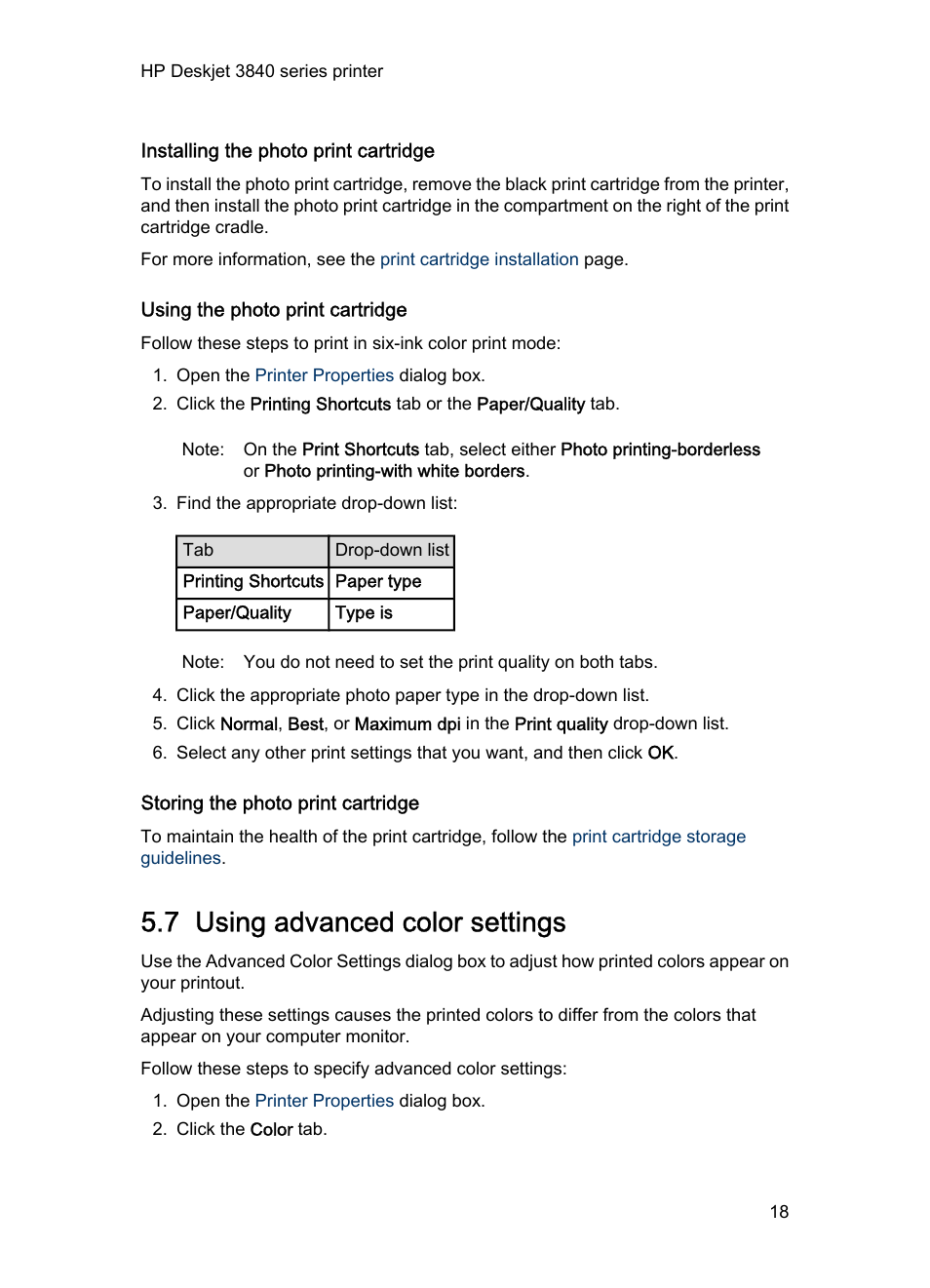 Installing the photo print cartridge, Using the photo print cartridge, Storing the photo print cartridge | 7 using advanced color settings, Advanced color settings, To improve printed colors | HP Deskjet 3848 Color Inkjet Printer User Manual | Page 18 / 96