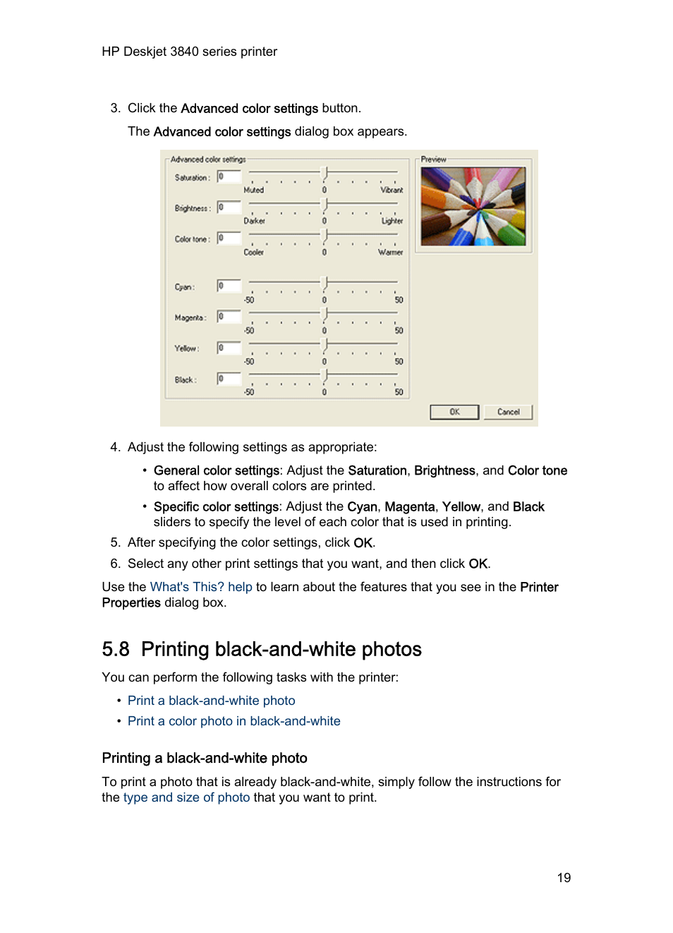 8 printing black-and-white photos, Printing a black-and-white photo, Black-and-white photos | HP Deskjet 3848 Color Inkjet Printer User Manual | Page 19 / 96