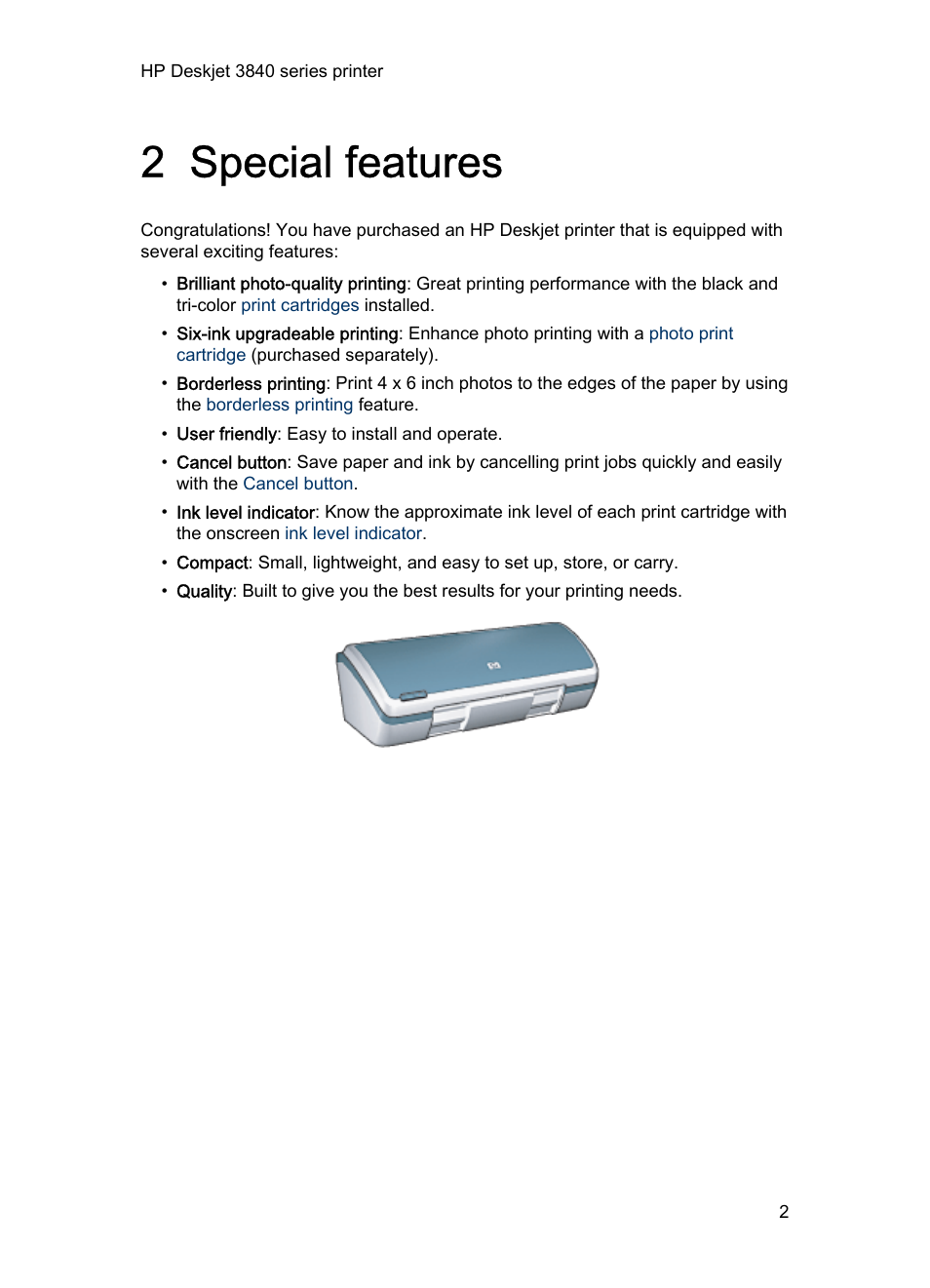 2 special features, Special features | HP Deskjet 3848 Color Inkjet Printer User Manual | Page 2 / 96