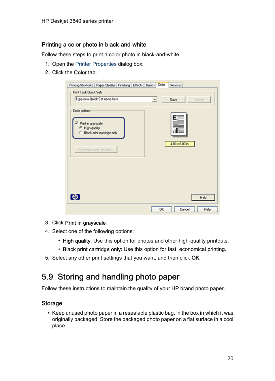 Printing a color photo in black-and-white, 9 storing and handling photo paper, Storage | Photo paper storage guidelines, Print a color photo in black-and-white | HP Deskjet 3848 Color Inkjet Printer User Manual | Page 20 / 96