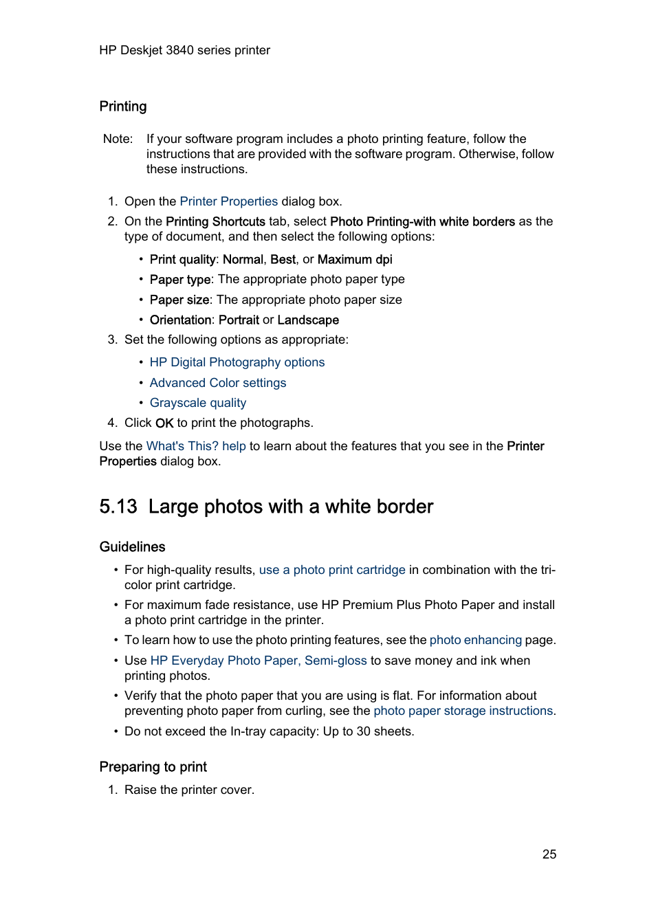 Printing, 13 large photos with a white border, Guidelines | Preparing to print, Large photo with a white border | HP Deskjet 3848 Color Inkjet Printer User Manual | Page 25 / 96