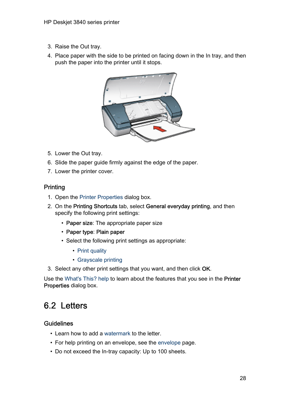 Printing, 2 letters, Guidelines | Letters | HP Deskjet 3848 Color Inkjet Printer User Manual | Page 28 / 96