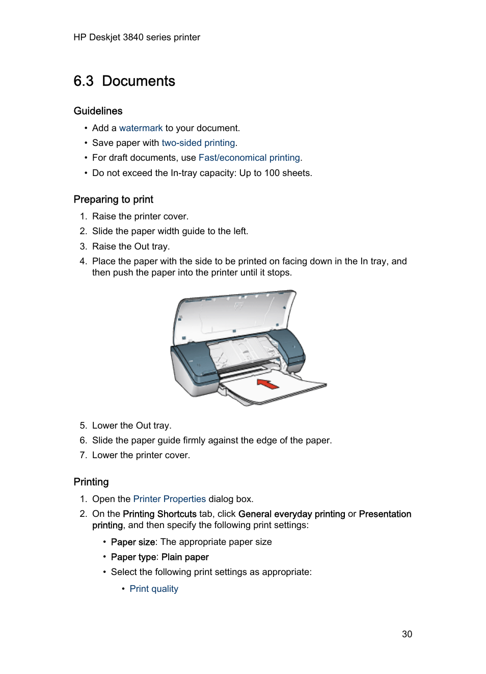 3 documents, Guidelines, Preparing to print | Printing, Documents | HP Deskjet 3848 Color Inkjet Printer User Manual | Page 30 / 96