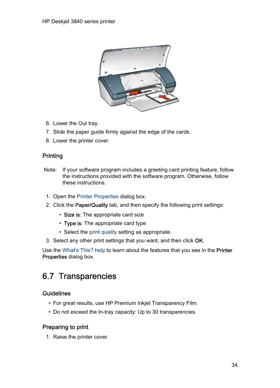 Printing, 7 transparencies, Guidelines | Preparing to print, Transparencies | HP Deskjet 3848 Color Inkjet Printer User Manual | Page 34 / 96