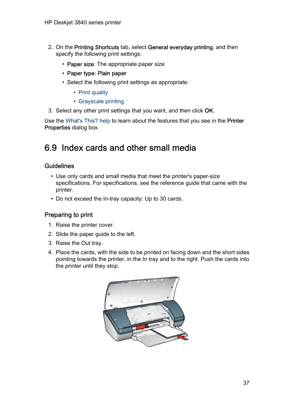 9 index cards and other small media, Guidelines, Preparing to print | Index cards | HP Deskjet 3848 Color Inkjet Printer User Manual | Page 37 / 96