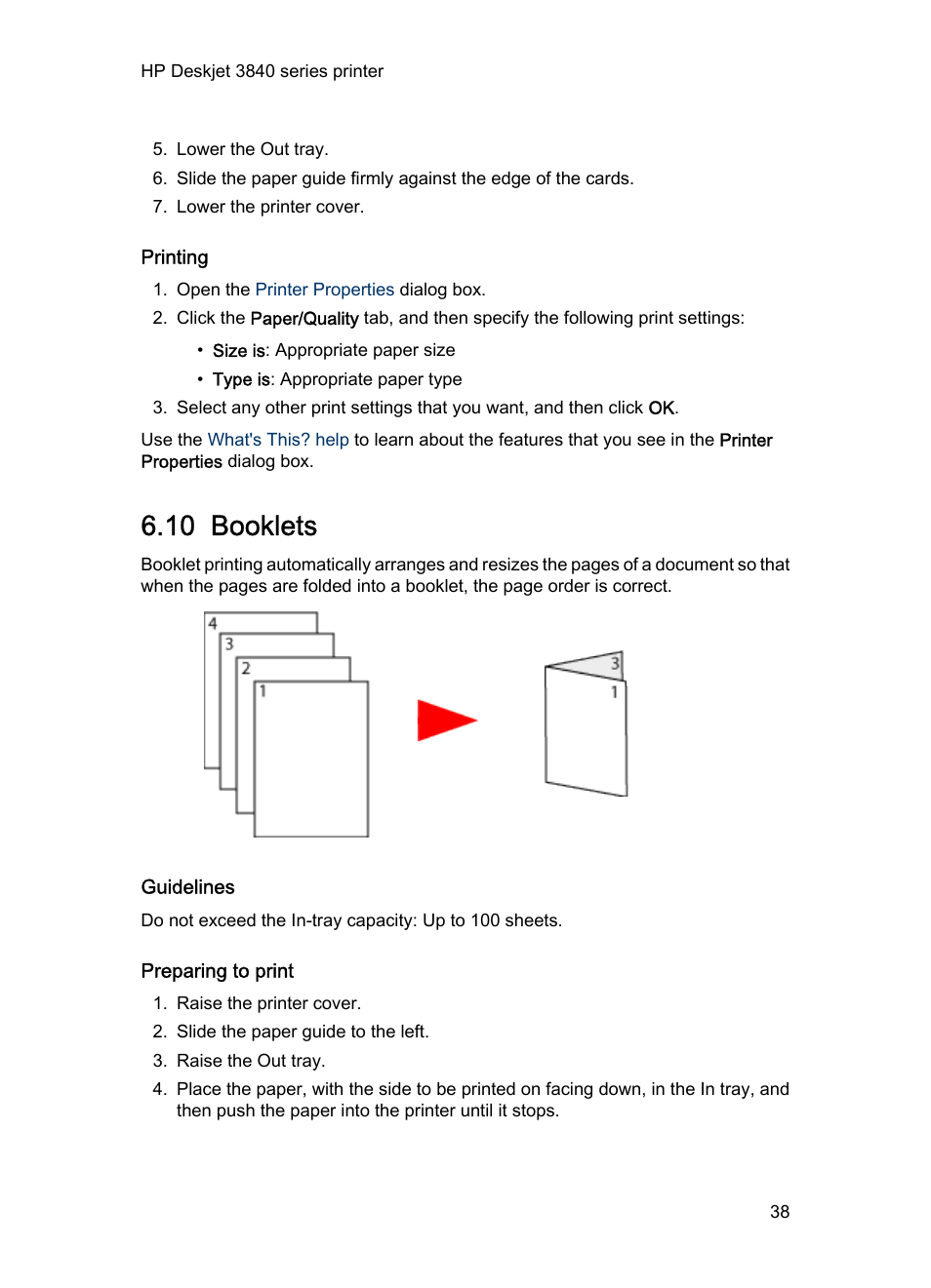 Printing, 10 booklets, Guidelines | Preparing to print, Booklets | HP Deskjet 3848 Color Inkjet Printer User Manual | Page 38 / 96