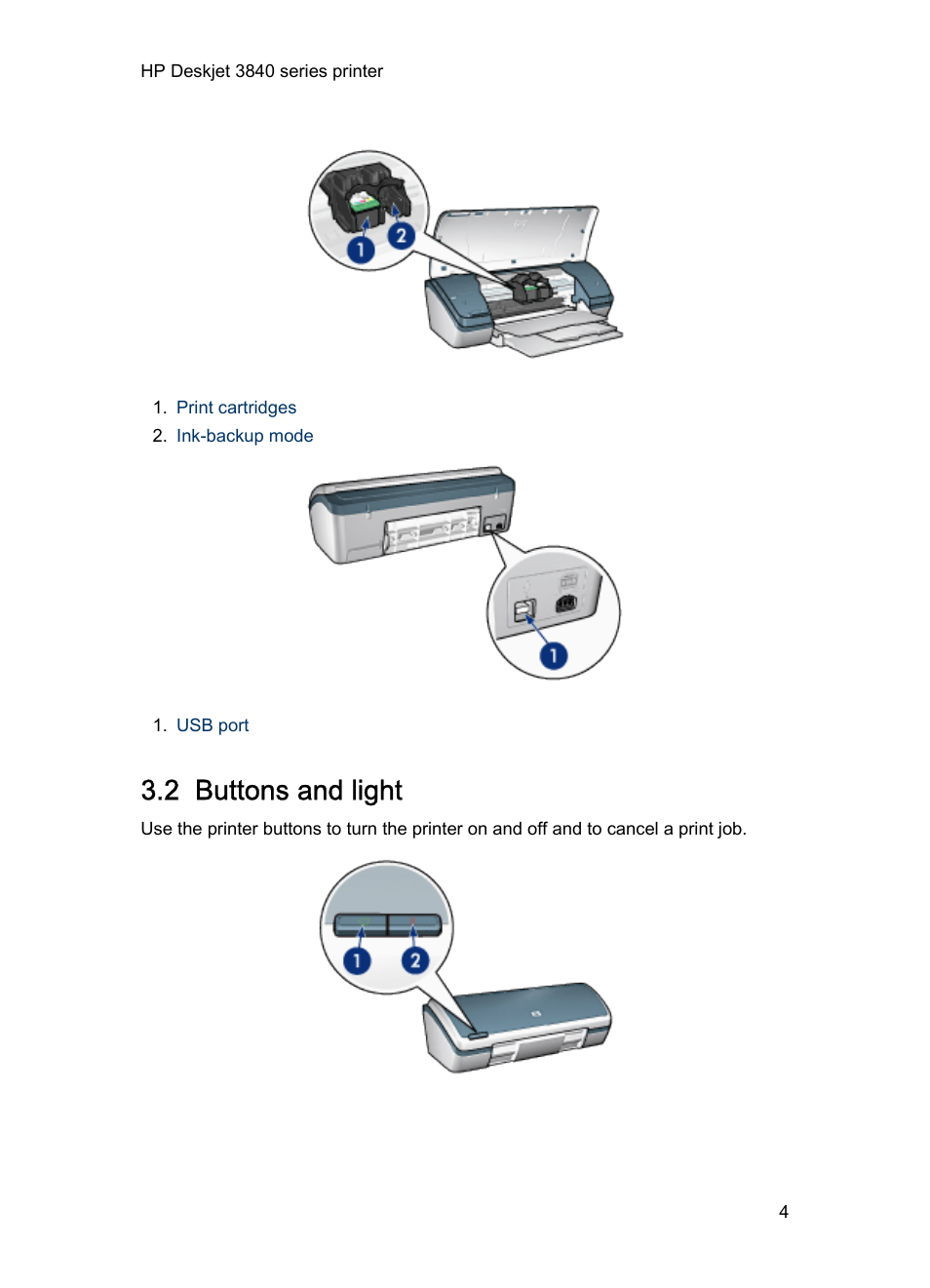 2 buttons and light, With the, Cancel button | Buttons and light | HP Deskjet 3848 Color Inkjet Printer User Manual | Page 4 / 96