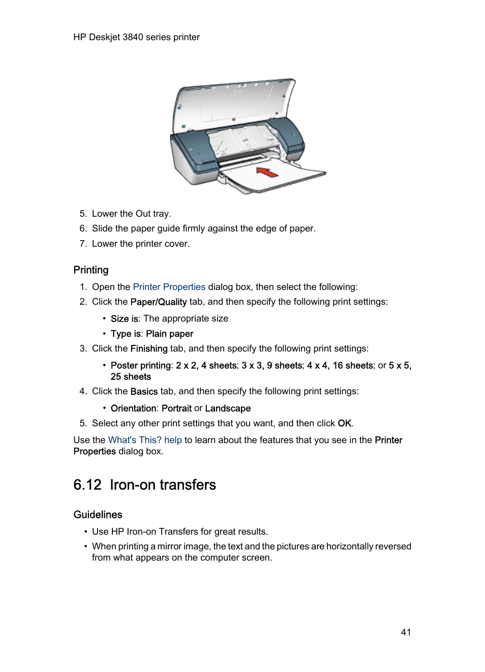 Printing, 12 iron-on transfers, Guidelines | Iron-on transfers | HP Deskjet 3848 Color Inkjet Printer User Manual | Page 41 / 96