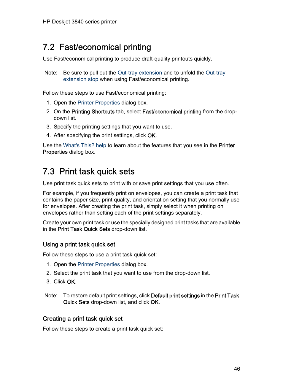 2 fast/economical printing, 3 print task quick sets, Using a print task quick set | Creating a print task quick set, For draft documents, use, Fast/economical printing, Create, Print task quick sets | HP Deskjet 3848 Color Inkjet Printer User Manual | Page 46 / 96