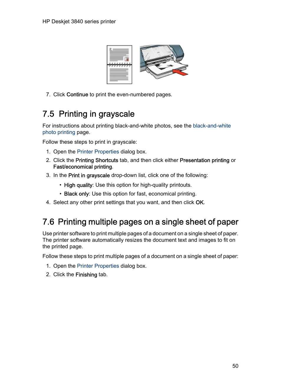 5 printing in grayscale, Grayscale printing | HP Deskjet 3848 Color Inkjet Printer User Manual | Page 50 / 96