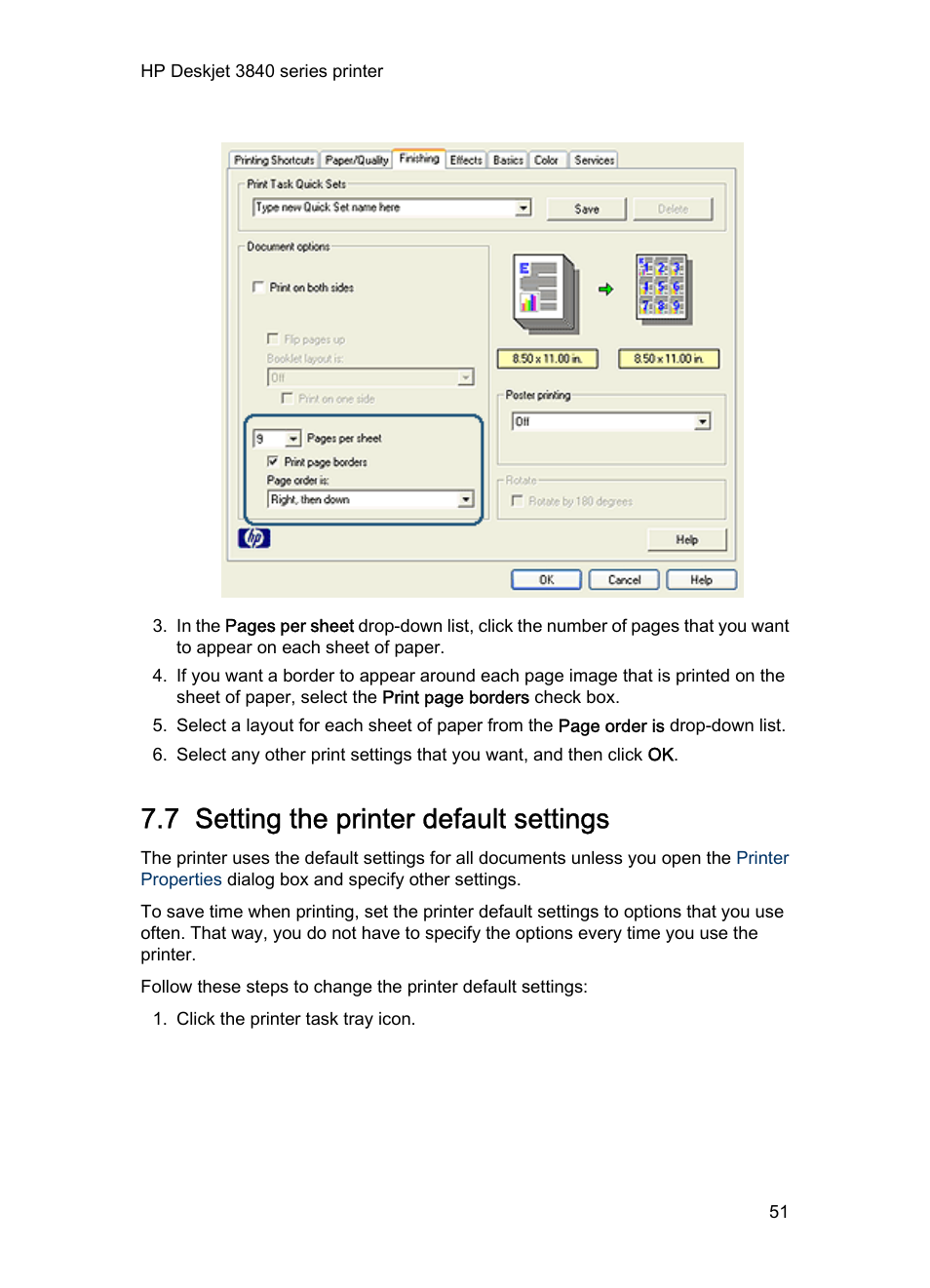 7 setting the printer default settings, Set the, Printer's default settings | For options that you use often | HP Deskjet 3848 Color Inkjet Printer User Manual | Page 51 / 96