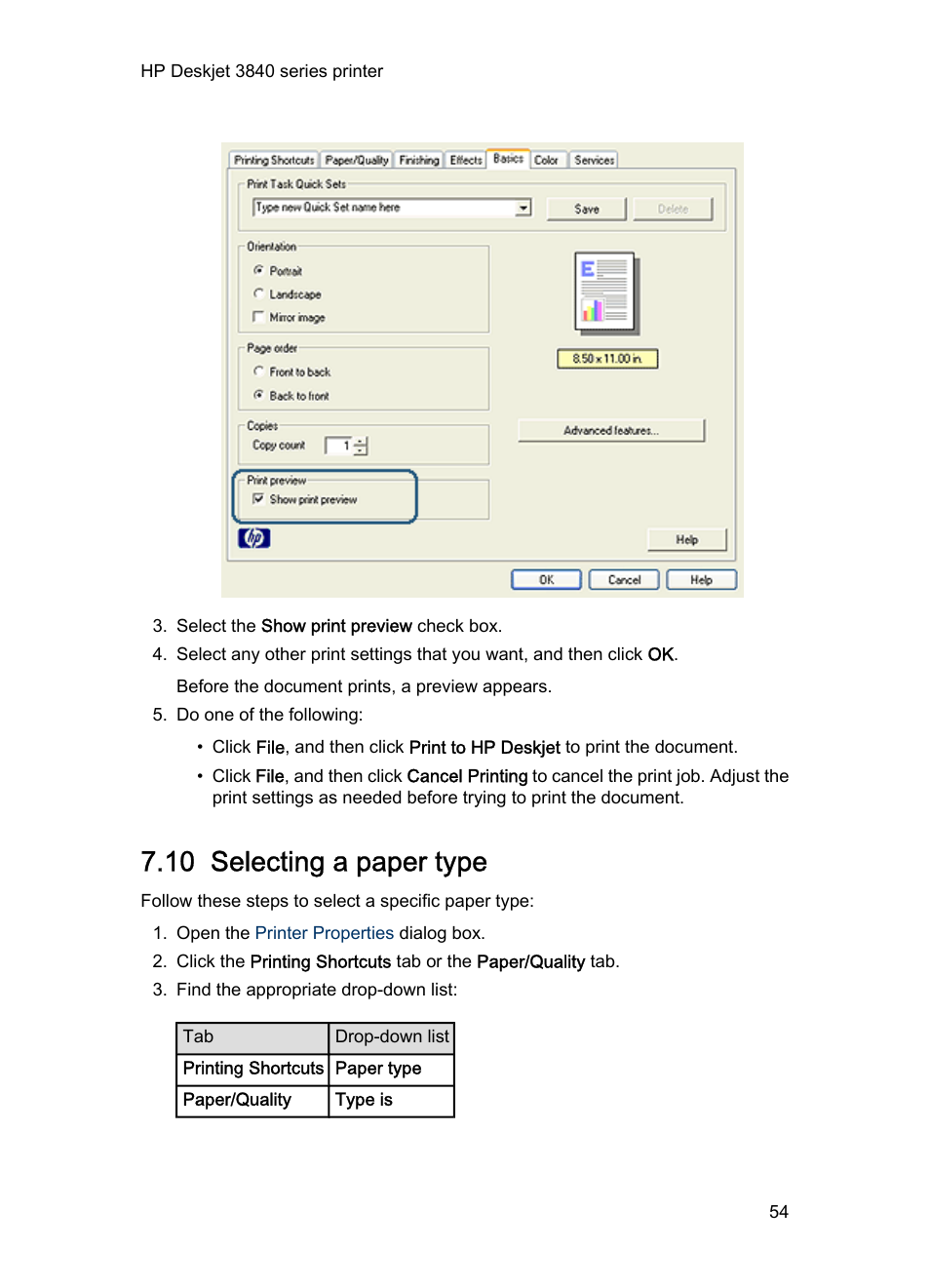 10 selecting a paper type, Paper type | HP Deskjet 3848 Color Inkjet Printer User Manual | Page 54 / 96