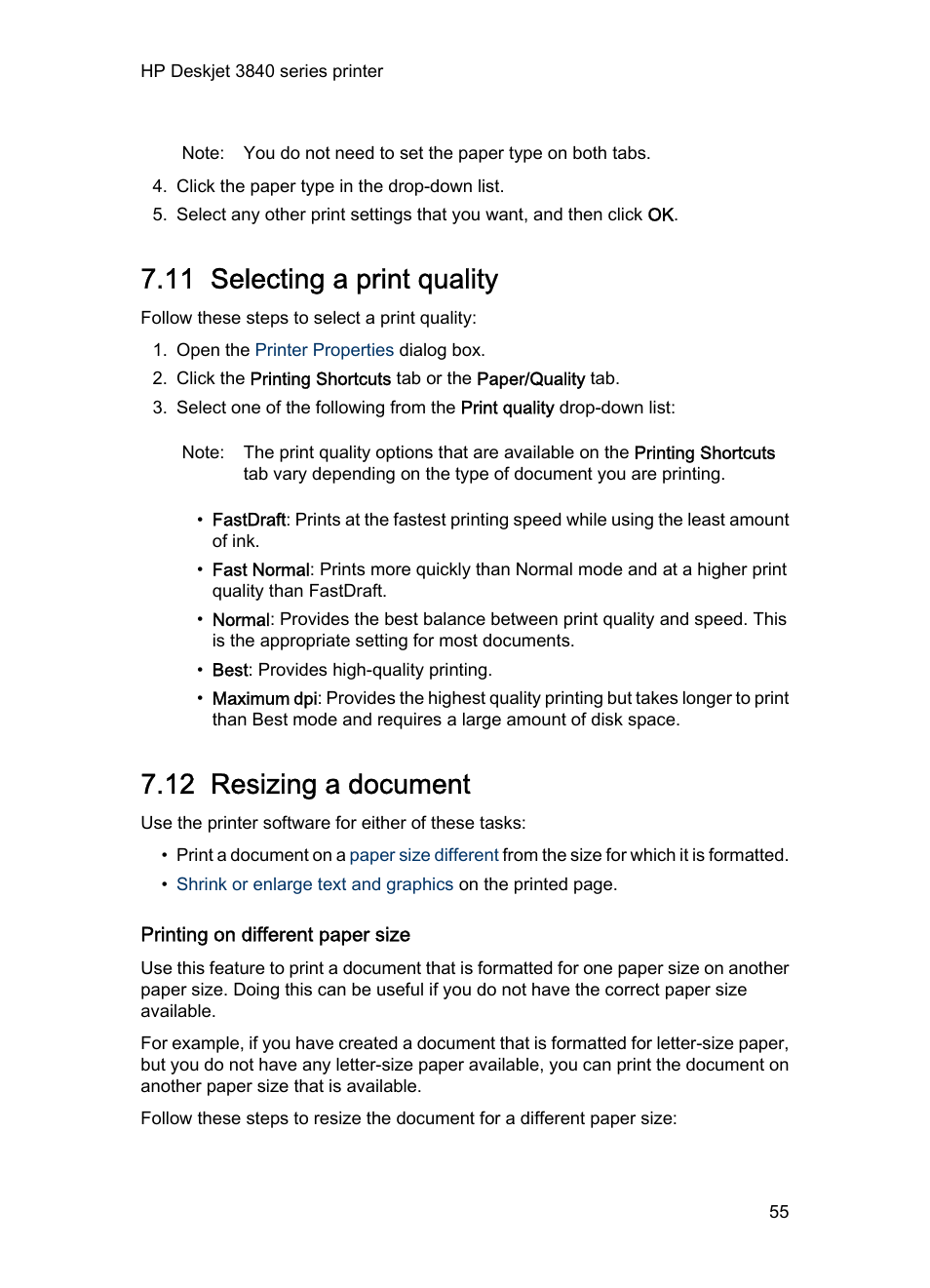 11 selecting a print quality, 12 resizing a document, Printing on different paper size | Print quality, Resize | HP Deskjet 3848 Color Inkjet Printer User Manual | Page 55 / 96