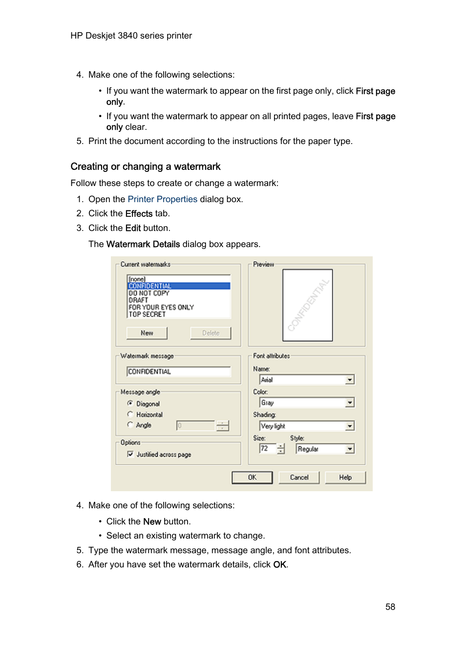 Creating or changing a watermark, Create a new watermark | HP Deskjet 3848 Color Inkjet Printer User Manual | Page 58 / 96