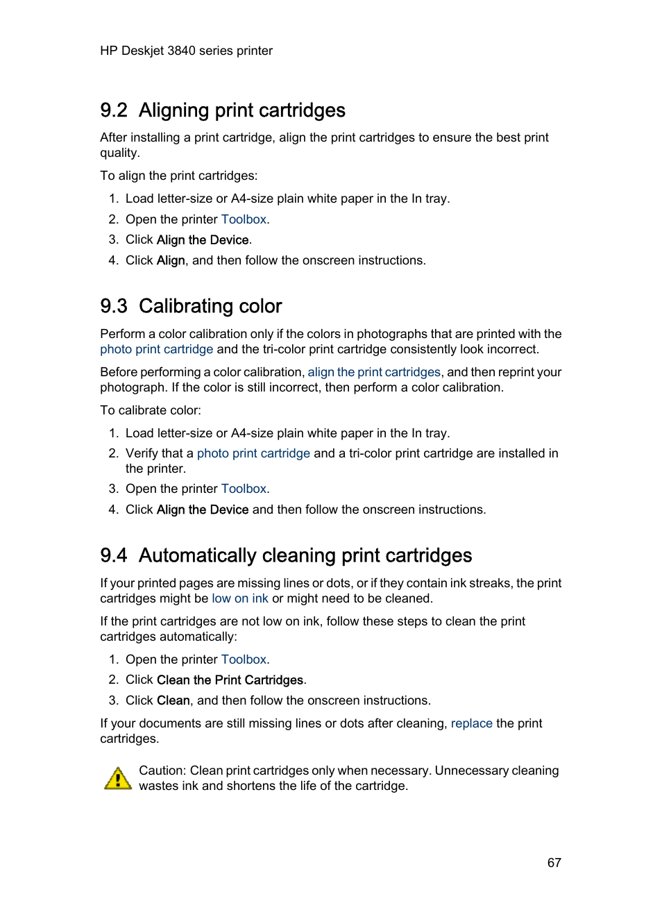 2 aligning print cartridges, 3 calibrating color, 4 automatically cleaning print cartridges | Aligning print cartridges, Calibrating color, Automatically cleaning print cartridges, Calibrate | HP Deskjet 3848 Color Inkjet Printer User Manual | Page 67 / 96