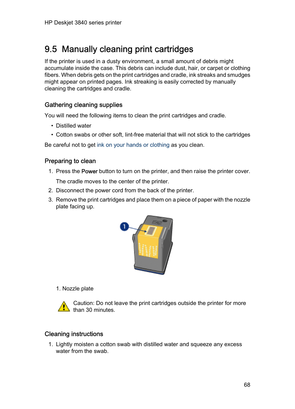 5 manually cleaning print cartridges, Gathering cleaning supplies, Preparing to clean | Cleaning instructions, Manually cleaning print cartridges | HP Deskjet 3848 Color Inkjet Printer User Manual | Page 68 / 96