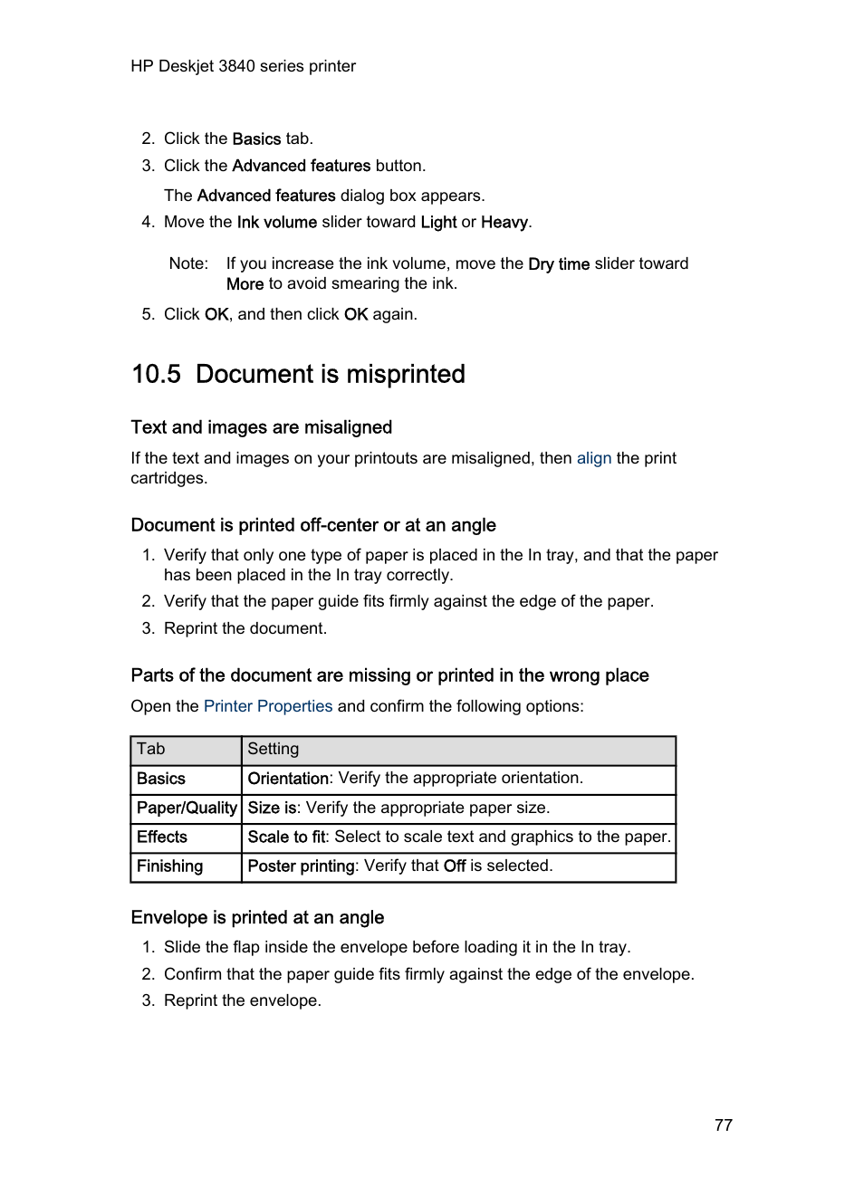 5 document is misprinted, Text and images are misaligned, Document is printed off-center or at an angle | Envelope is printed at an angle, Document is misprinted | HP Deskjet 3848 Color Inkjet Printer User Manual | Page 77 / 96