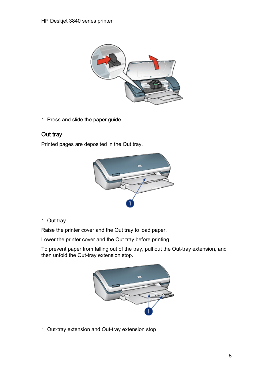 Out tray | HP Deskjet 3848 Color Inkjet Printer User Manual | Page 8 / 96