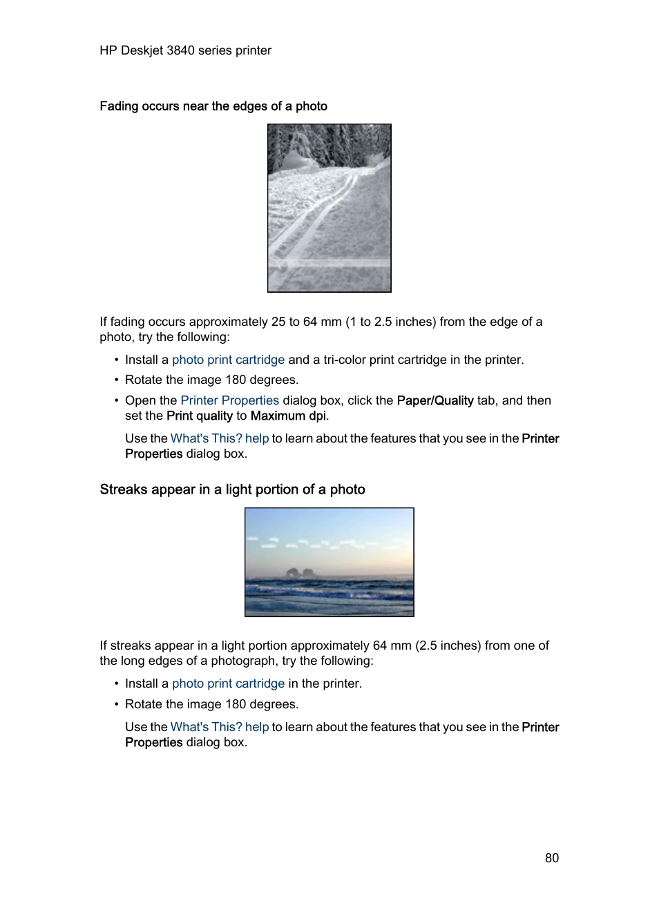 Fading occurs near the edges of a photo, Streaks appear in a light portion of a photo | HP Deskjet 3848 Color Inkjet Printer User Manual | Page 80 / 96