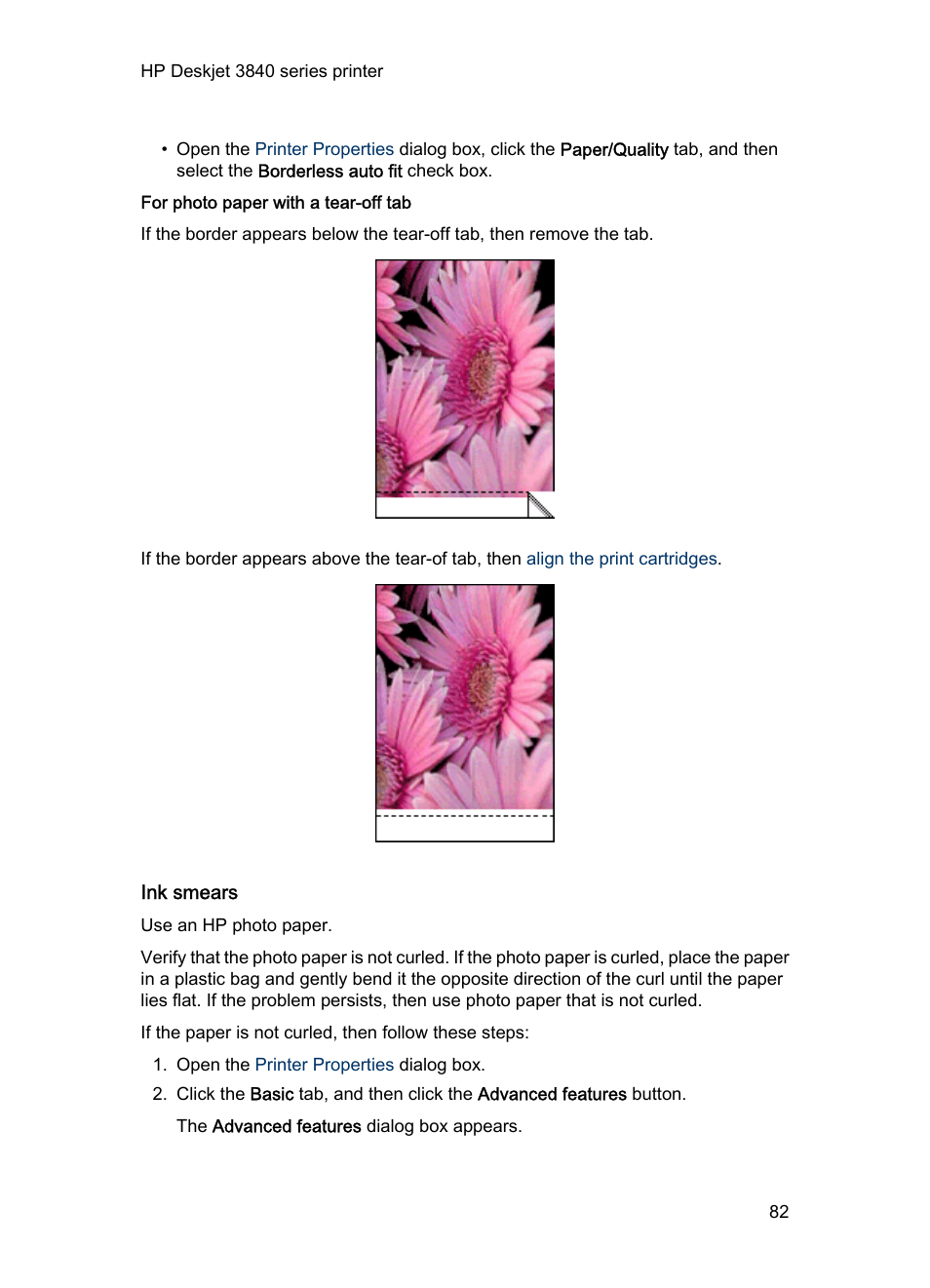 For photo paper with a tear-off tab, Ink smears | HP Deskjet 3848 Color Inkjet Printer User Manual | Page 82 / 96