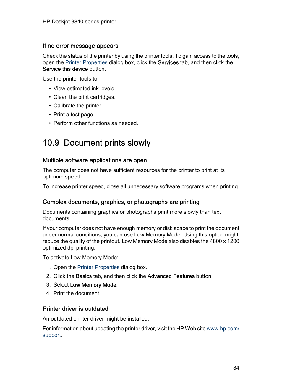 If no error message appears, 9 document prints slowly, Multiple software applications are open | Printer driver is outdated, Document prints slowly | HP Deskjet 3848 Color Inkjet Printer User Manual | Page 84 / 96