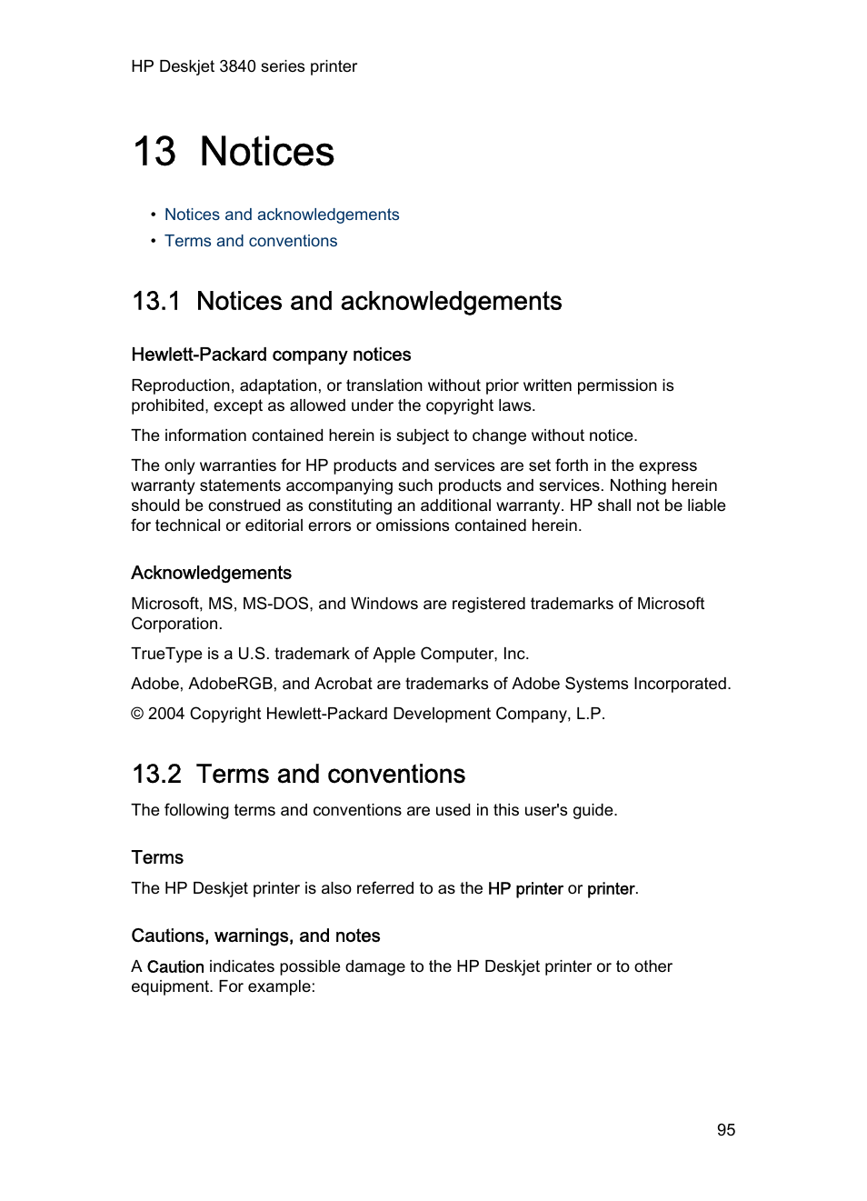 13 notices, 1 notices and acknowledgements, Hewlett-packard company notices | Acknowledgements, 2 terms and conventions, Terms, Cautions, warnings, and notes, Notices | HP Deskjet 3848 Color Inkjet Printer User Manual | Page 95 / 96