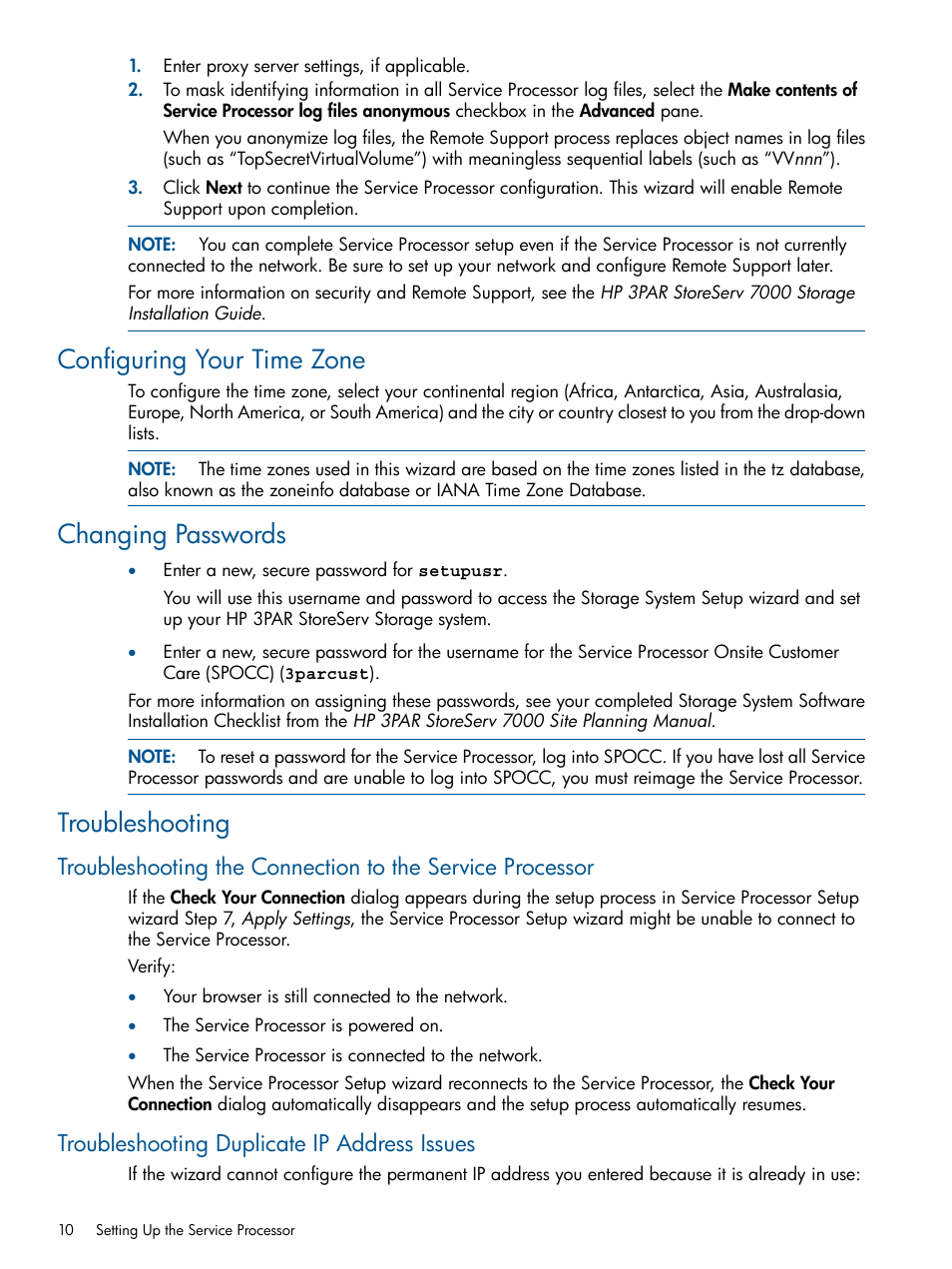 Configuring your time zone, Changing passwords, Troubleshooting | Troubleshooting duplicate ip address issues | HP 3PAR Operating System Software User Manual | Page 10 / 56