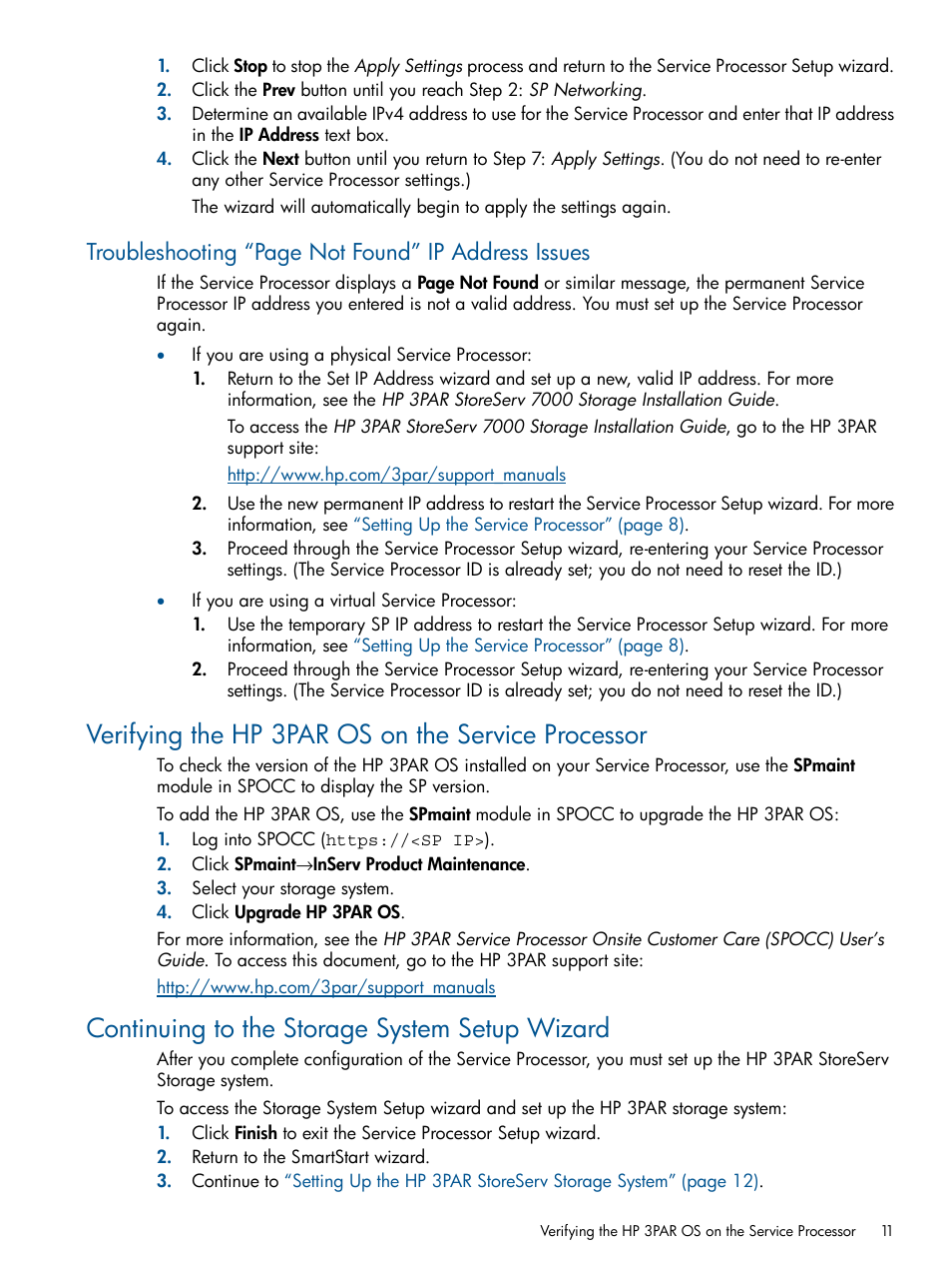 Verifying the hp 3par os on the service processor, Continuing to the storage system setup wizard, Troubleshooting “page not found” ip address issues | HP 3PAR Operating System Software User Manual | Page 11 / 56