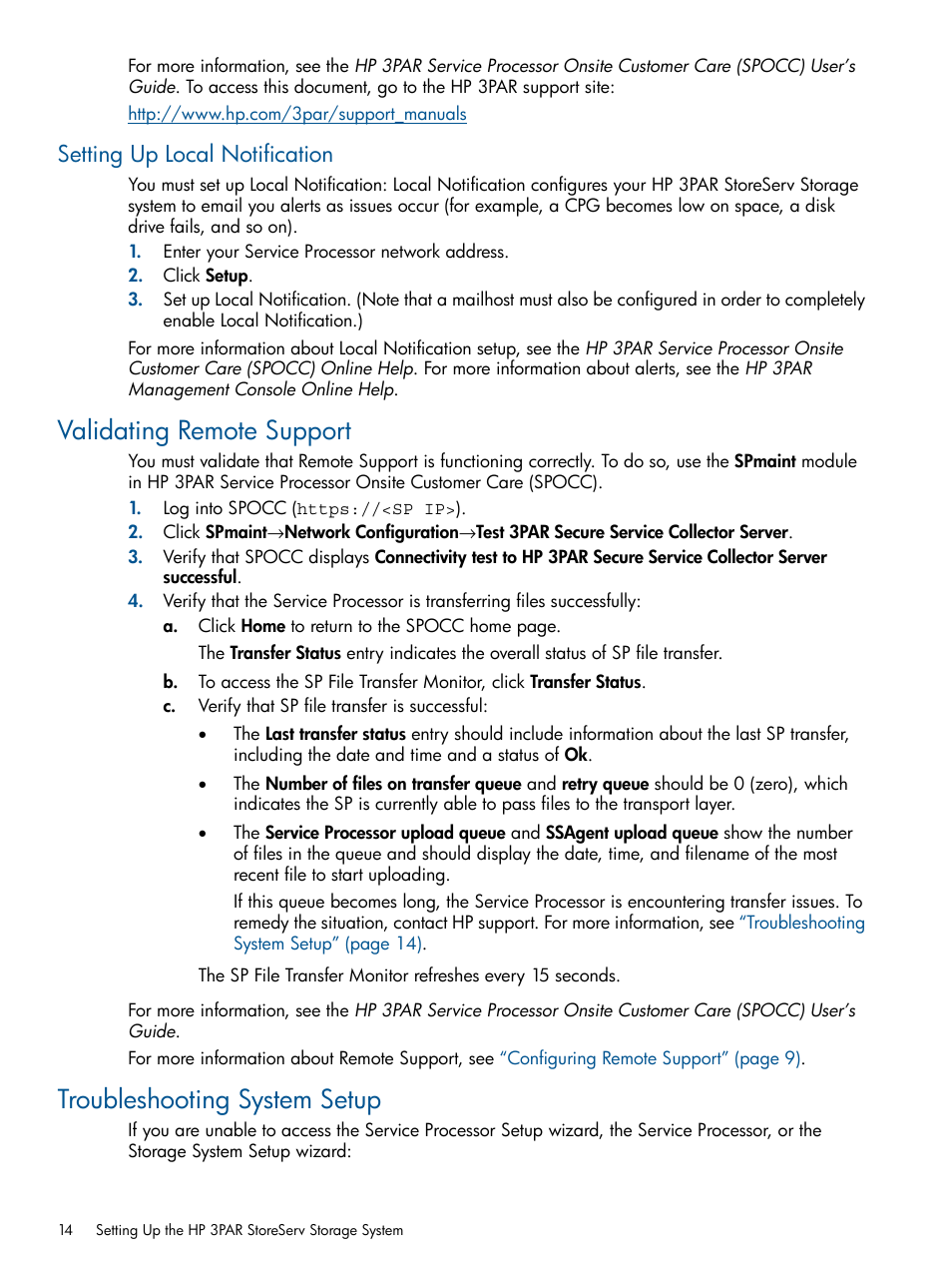 Setting up local notification, Validating remote support, Troubleshooting system setup | HP 3PAR Operating System Software User Manual | Page 14 / 56