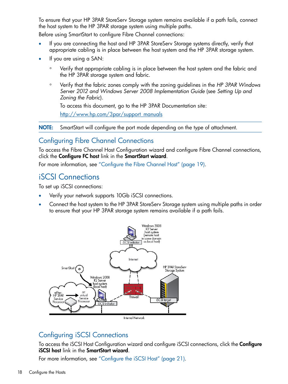 Iscsi connections, Configuring fibre channel connections, Configuring iscsi connections | HP 3PAR Operating System Software User Manual | Page 18 / 56