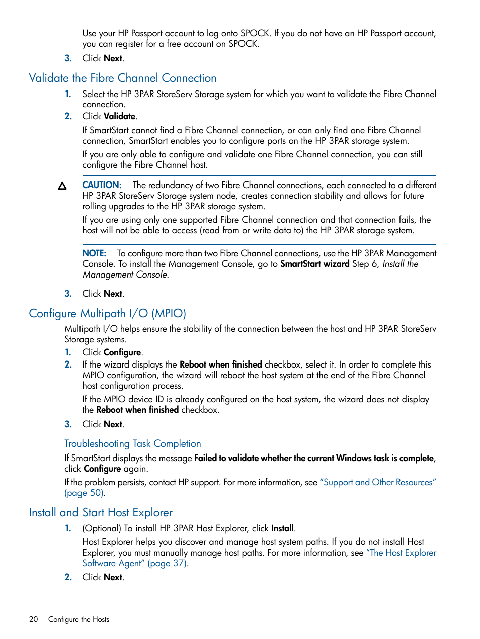 Validate the fibre channel connection, Configure multipath i/o (mpio), Install and start host explorer | HP 3PAR Operating System Software User Manual | Page 20 / 56