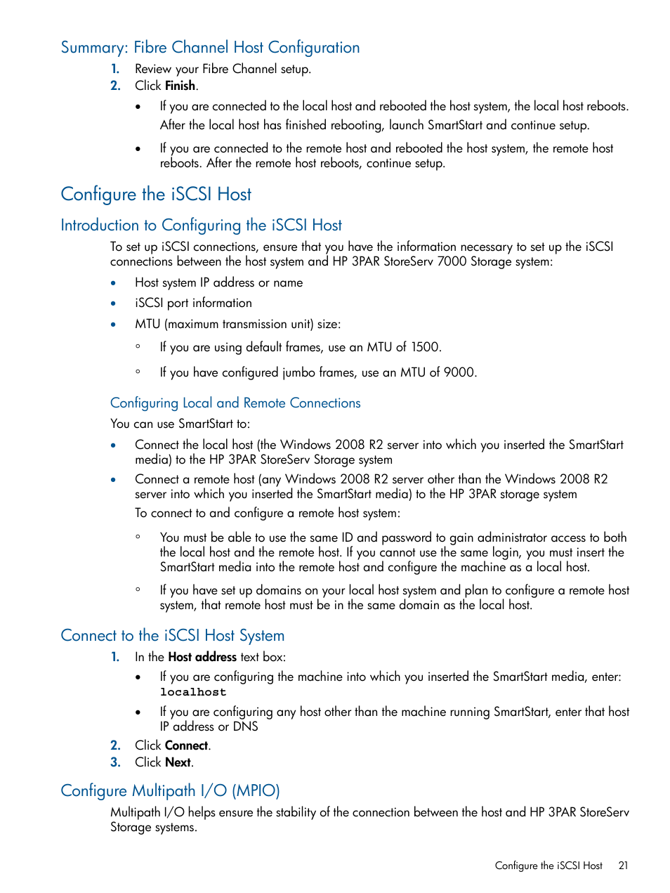 Summary: fibre channel host configuration, Configure the iscsi host, Introduction to configuring the iscsi host | Connect to the iscsi host system, Configure multipath i/o (mpio) | HP 3PAR Operating System Software User Manual | Page 21 / 56