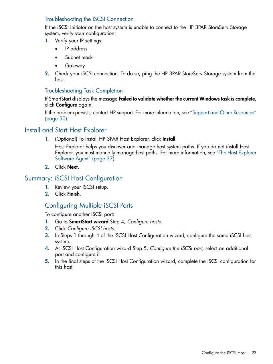 Install and start host explorer, Summary: iscsi host configuration, Configuring multiple iscsi ports | HP 3PAR Operating System Software User Manual | Page 23 / 56