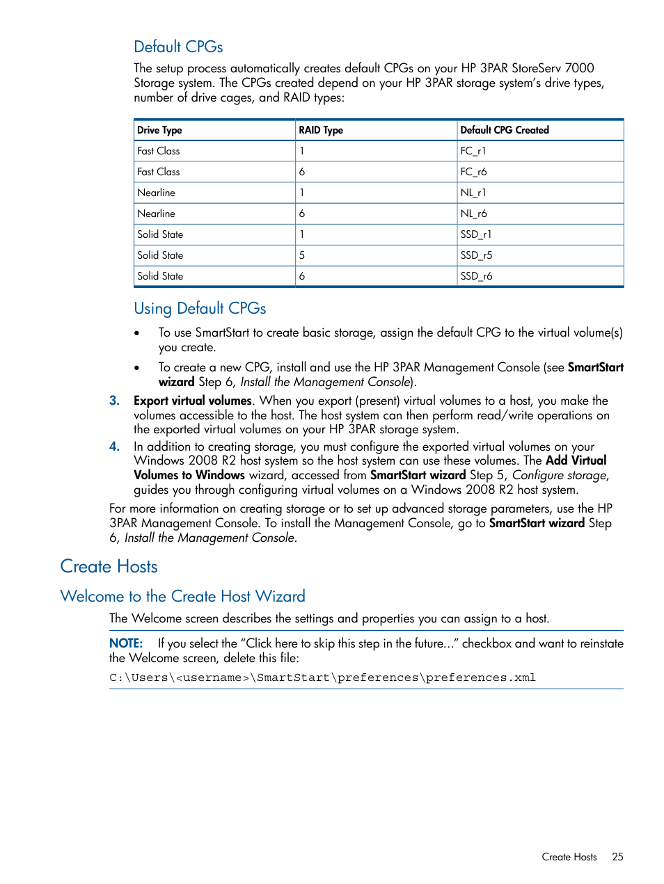 Create hosts, Welcome to the create host wizard, Default cpgs | Using default cpgs | HP 3PAR Operating System Software User Manual | Page 25 / 56