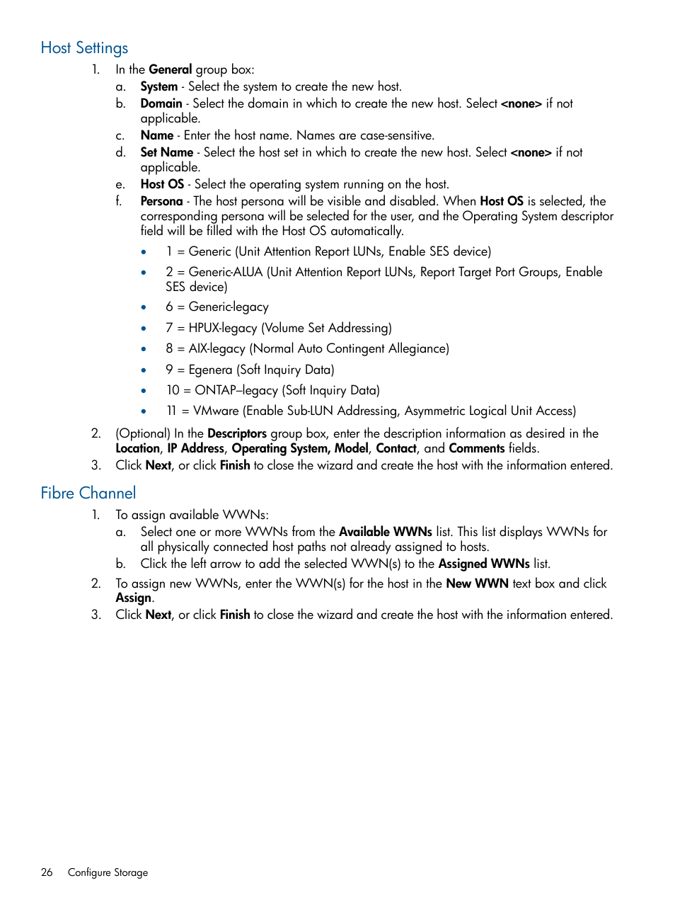 Host settings, Fibre channel | HP 3PAR Operating System Software User Manual | Page 26 / 56