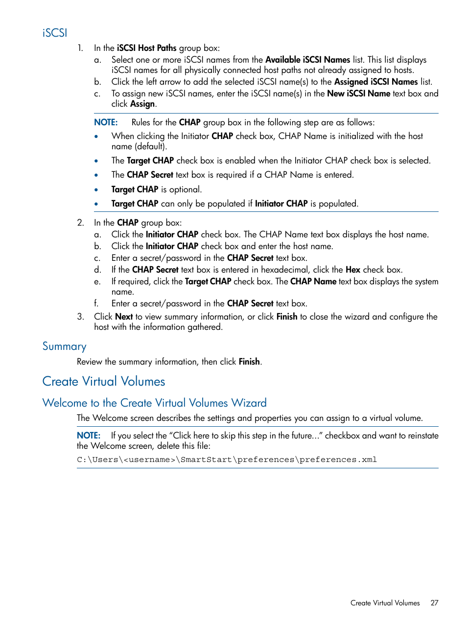 Iscsi, Summary, Create virtual volumes | Welcome to the create virtual volumes wizard | HP 3PAR Operating System Software User Manual | Page 27 / 56