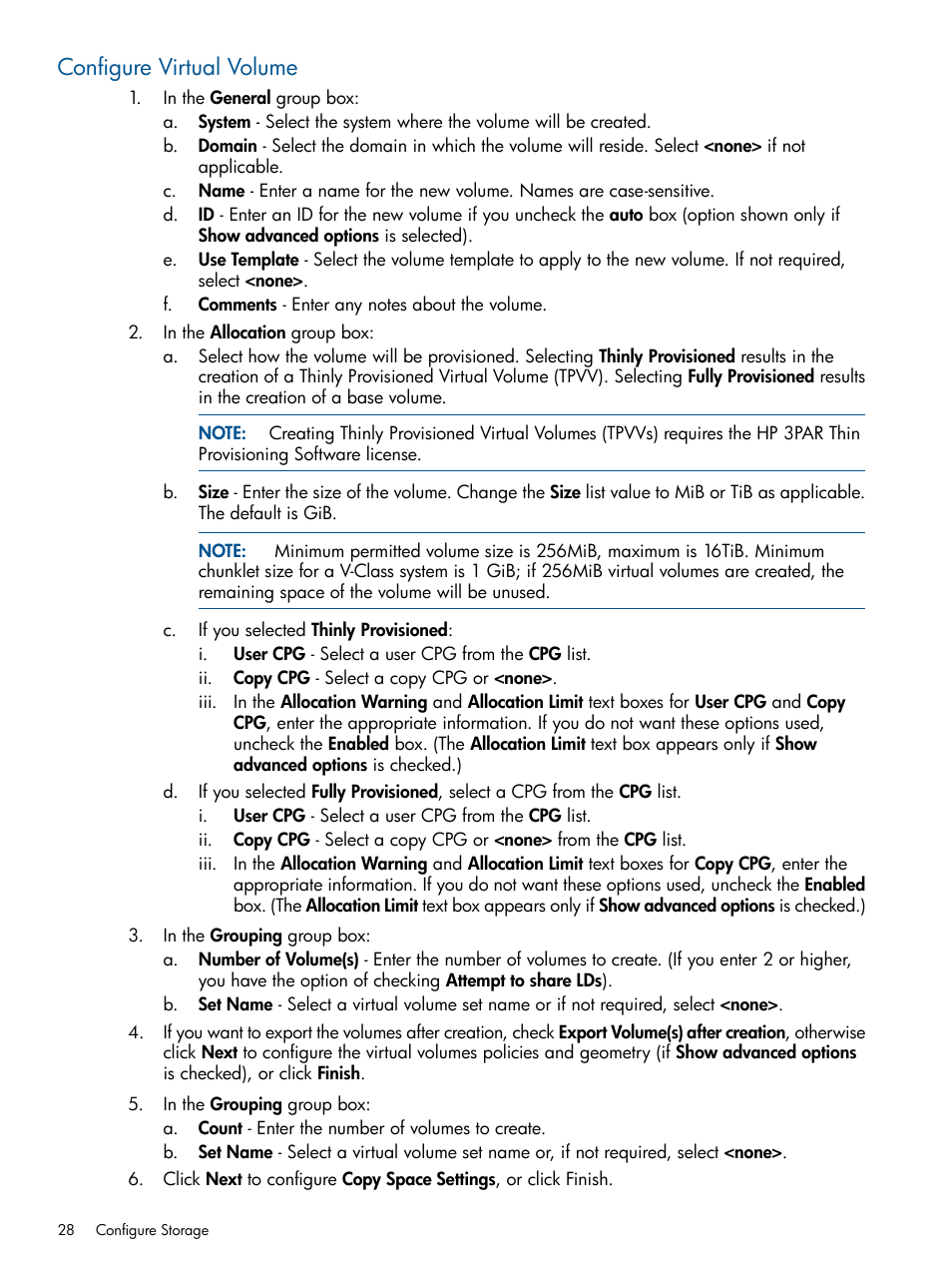 Configure virtual volume | HP 3PAR Operating System Software User Manual | Page 28 / 56