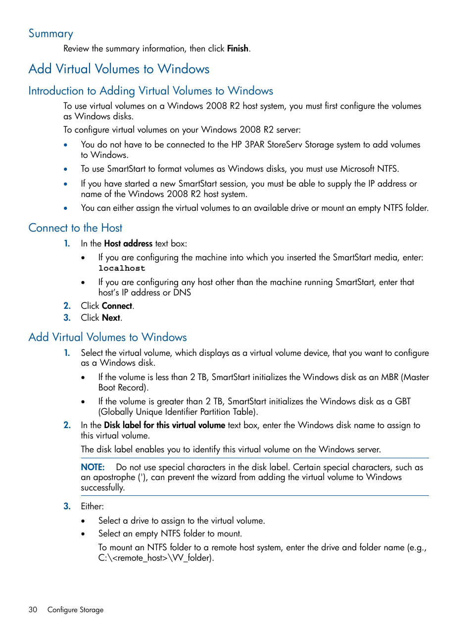 Summary, Add virtual volumes to windows, Introduction to adding virtual volumes to windows | Connect to the host | HP 3PAR Operating System Software User Manual | Page 30 / 56