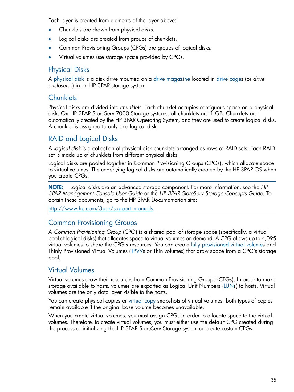Physical disks, Chunklets, Raid and logical disks | Common provisioning groups, Virtual volumes | HP 3PAR Operating System Software User Manual | Page 35 / 56