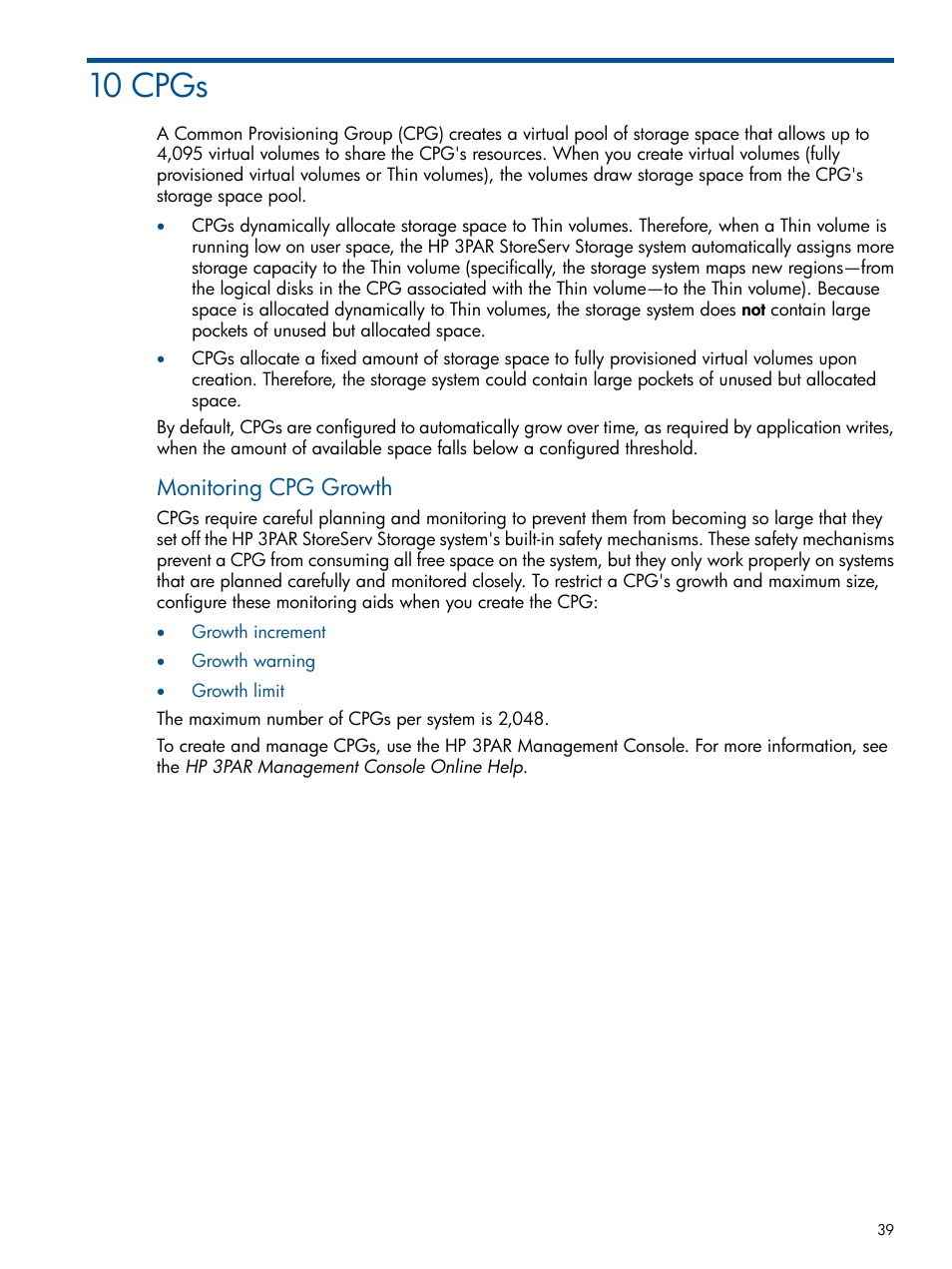 10 cpgs, Monitoring cpg growth | HP 3PAR Operating System Software User Manual | Page 39 / 56